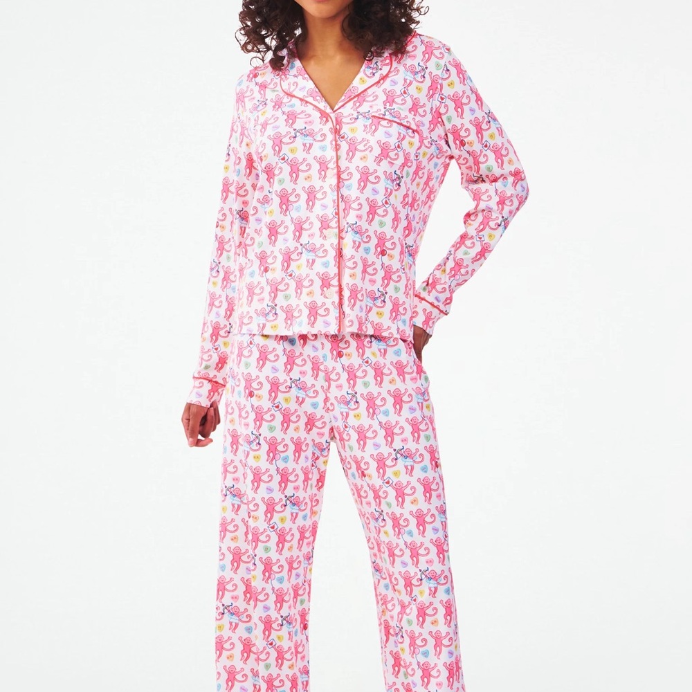Roller Rabbit Be My Monkey Valentine’s Day Long Sleeve Polo Pajamas